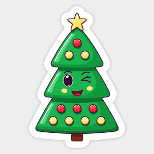 Cartoon Kawaii Christmas Tree with Winking Face Sticker